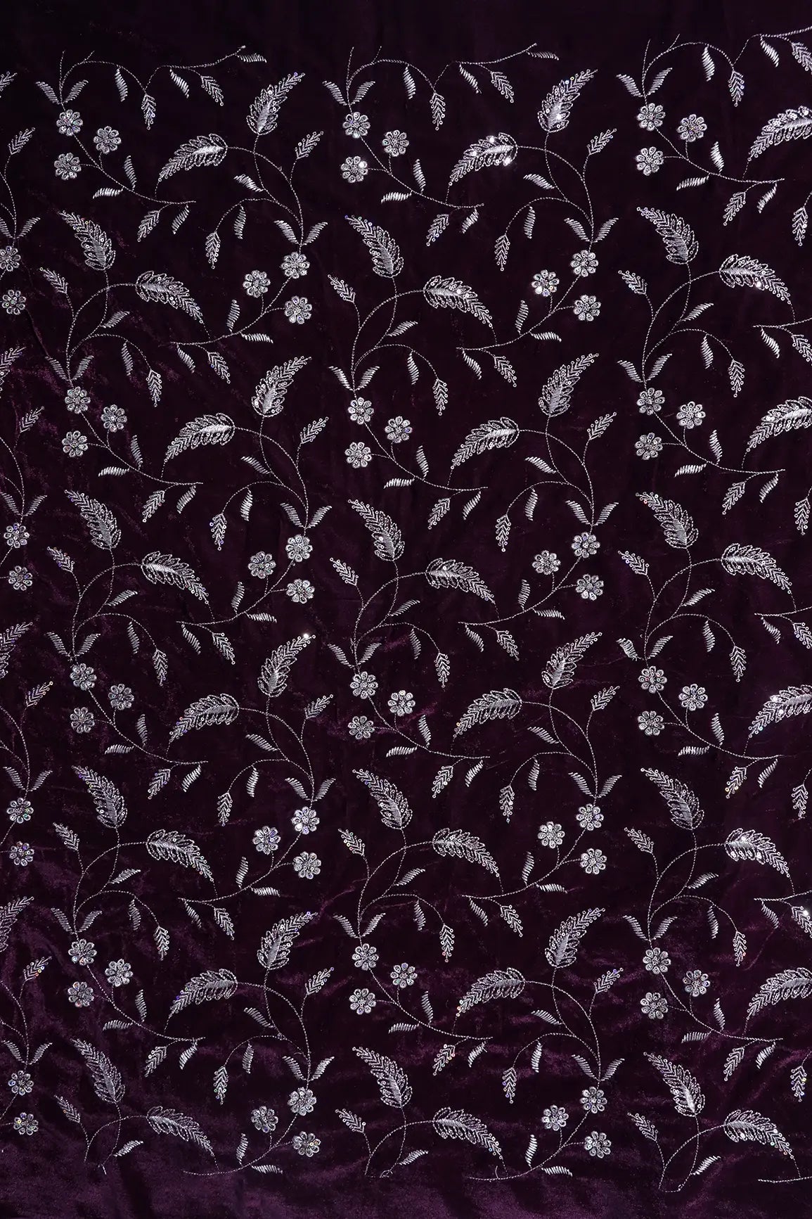 Gold Sequins With Gold Zari Floral Leafy Embroidery Work On Wine Velvet Fabric