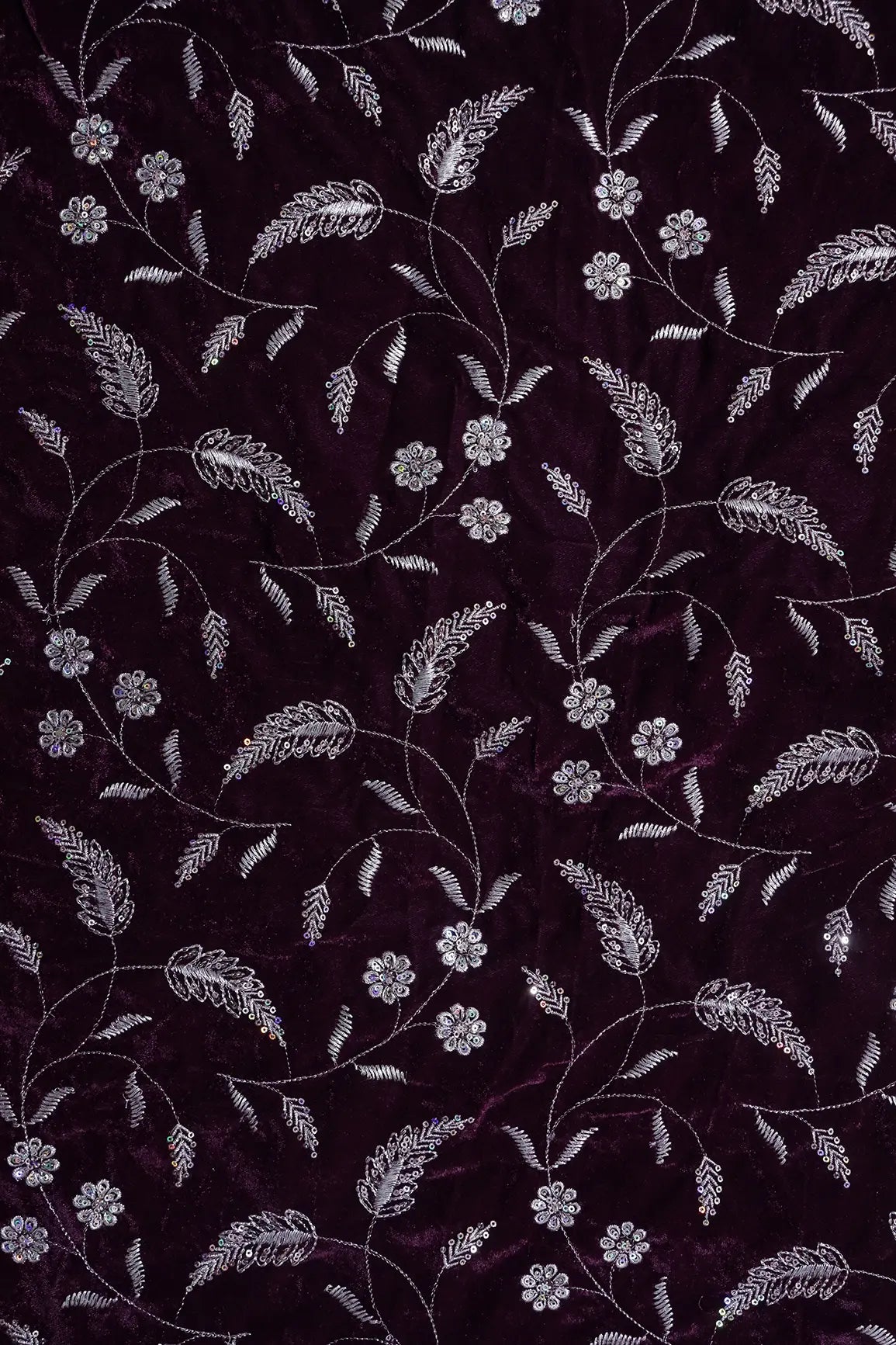 Gold Sequins With Gold Zari Floral Leafy Embroidery Work On Wine Velvet Fabric