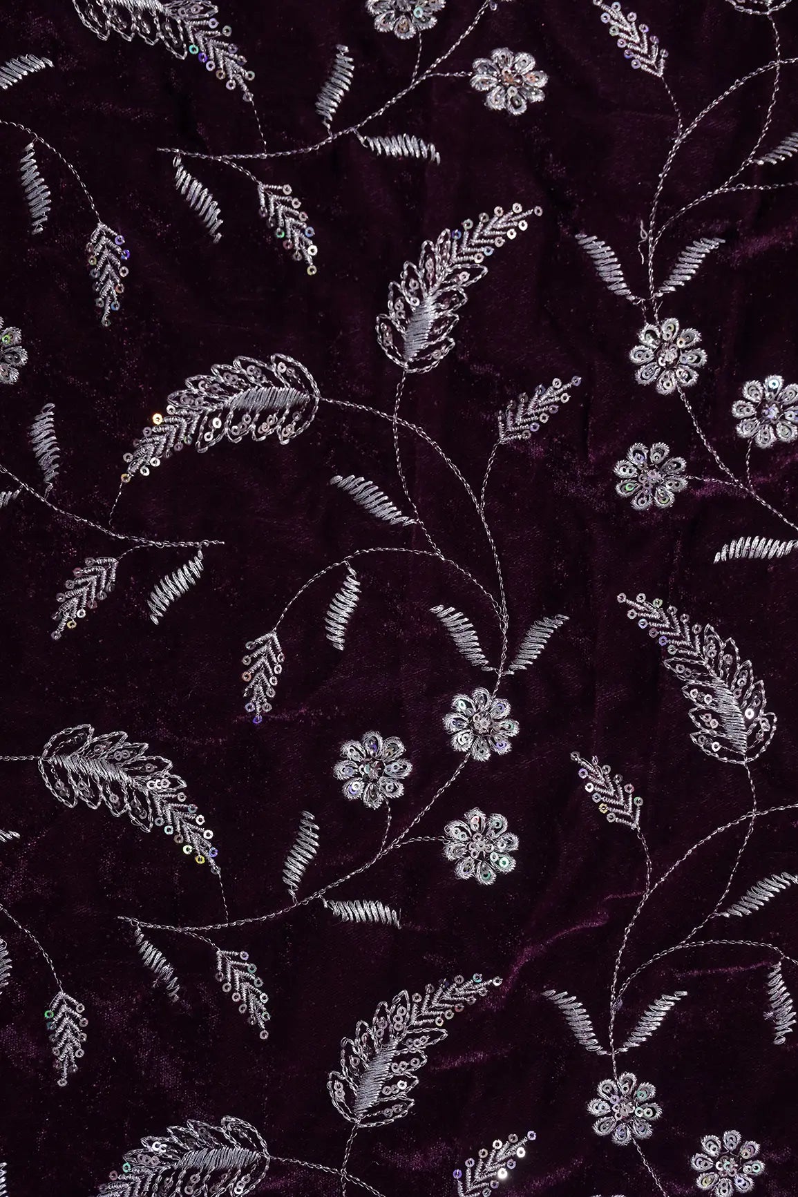 Gold Sequins With Gold Zari Floral Leafy Embroidery Work On Wine Velvet Fabric