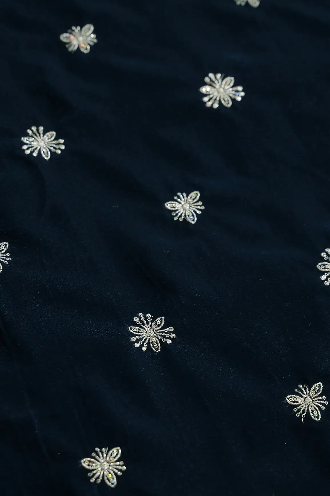 Gold Sequins With Gold Zari Small Floral Motif Embroidery Work On Prussian Blue Velvet Fabric