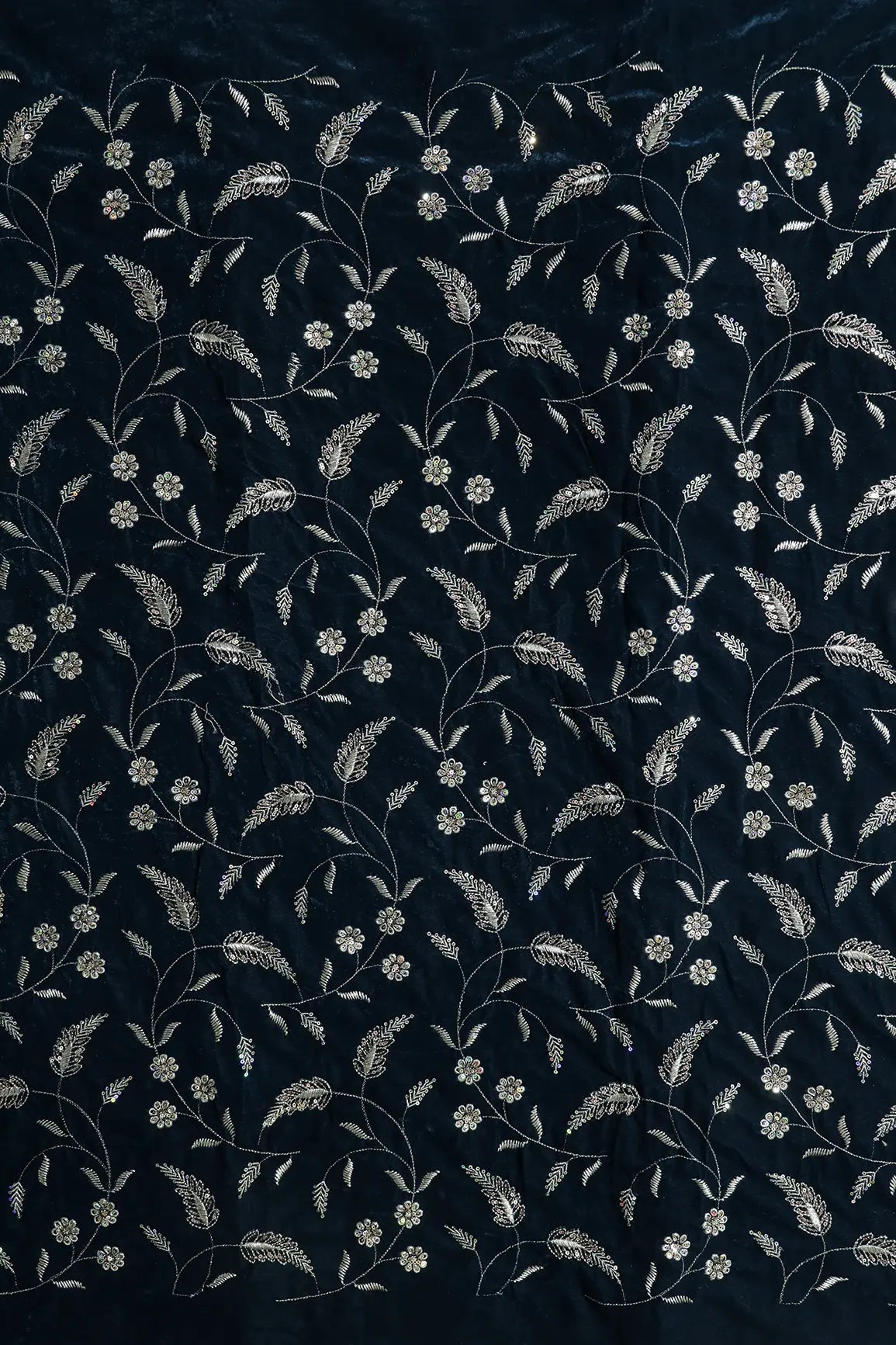 Gold Sequins With Gold Zari Floral Leafy Embroidery Work On Prussian Blue Velvet Fabric