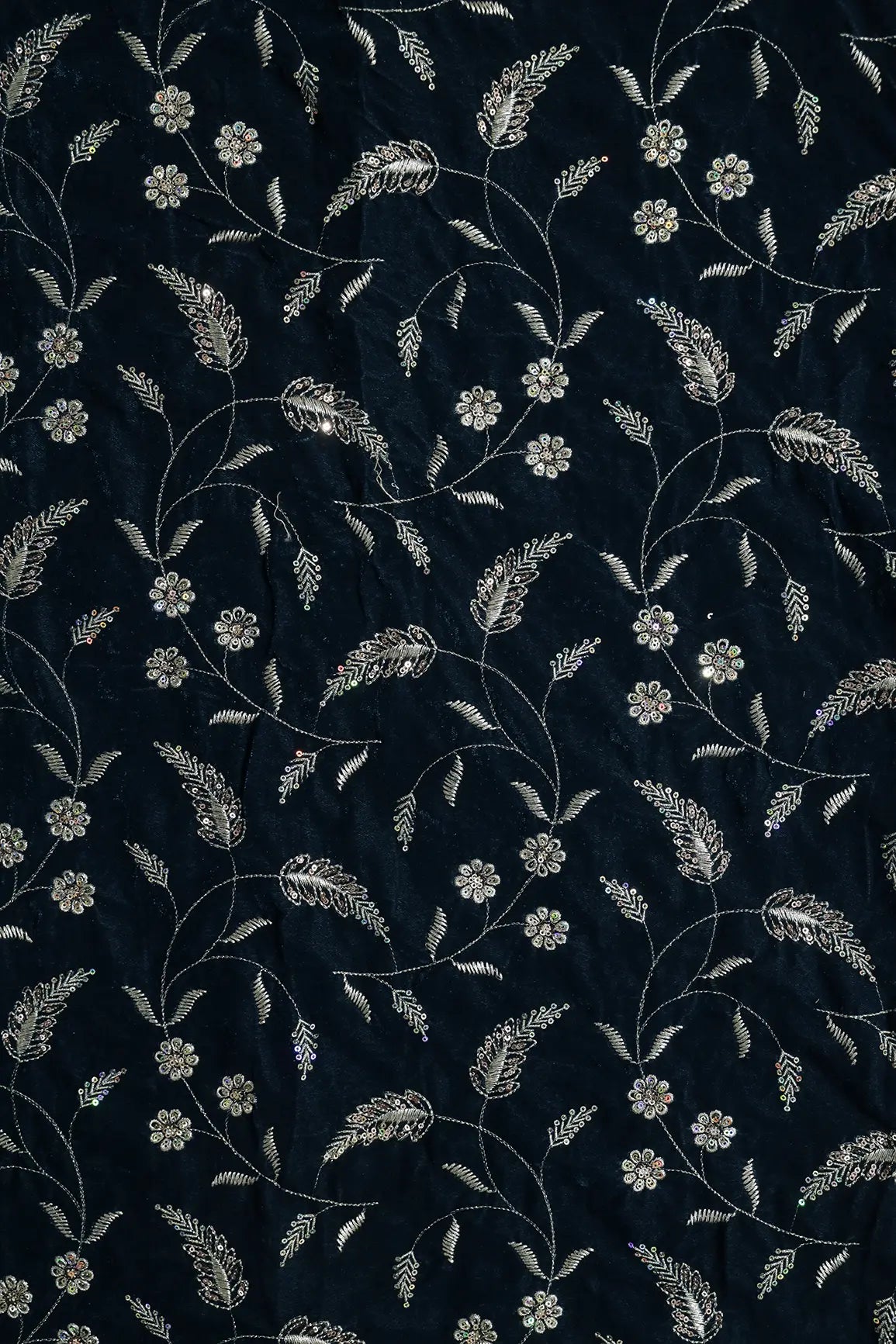 Gold Sequins With Gold Zari Floral Leafy Embroidery Work On Prussian Blue Velvet Fabric
