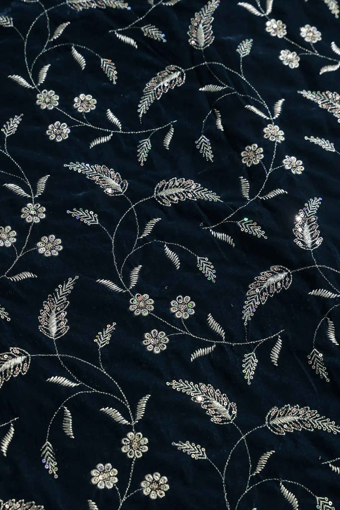 Gold Sequins With Gold Zari Floral Leafy Embroidery Work On Prussian Blue Velvet Fabric