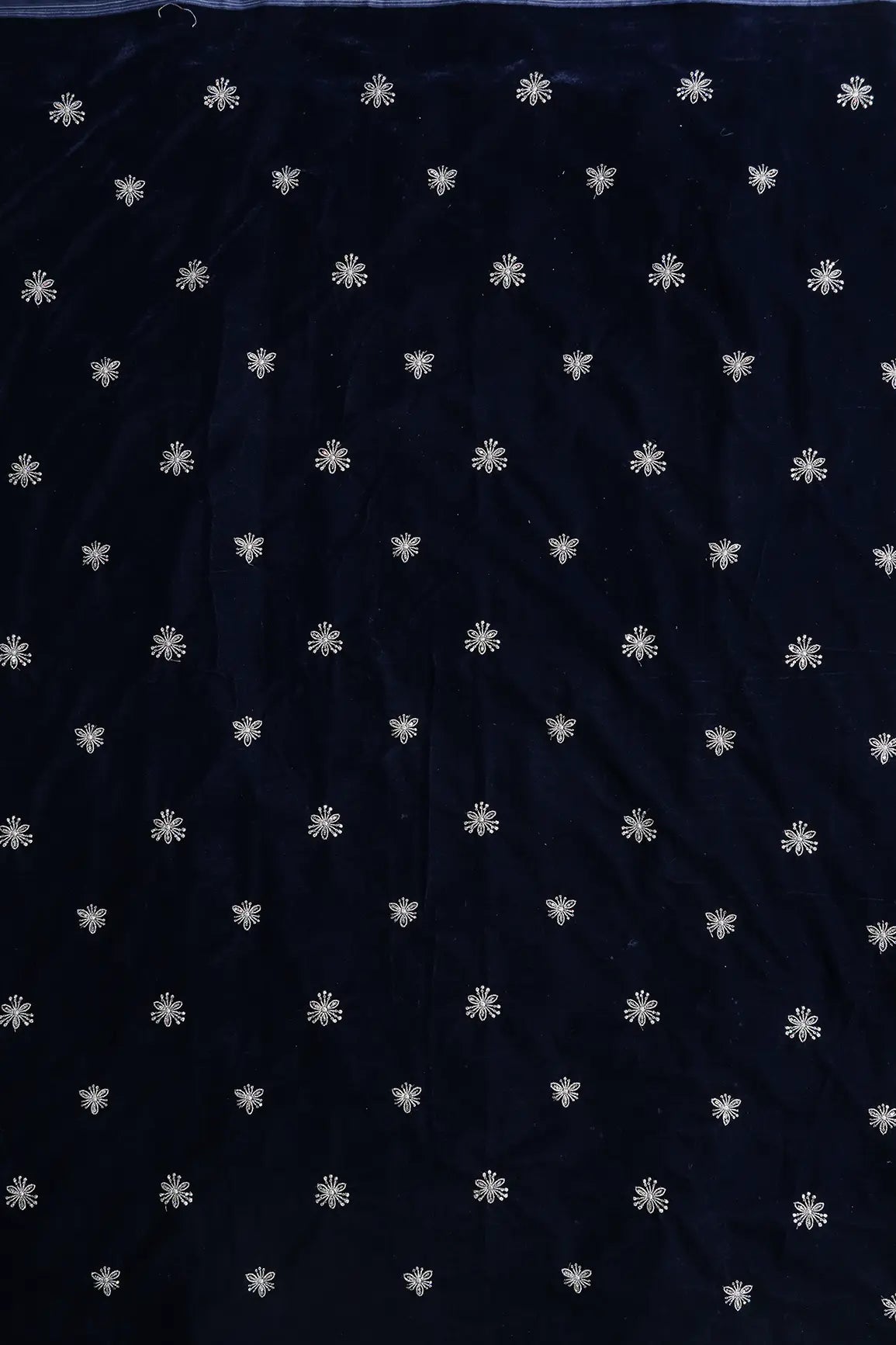 Gold Sequins With Gold Zari Small Floral Motif Embroidery Work On Navy Blue Velvet Fabric
