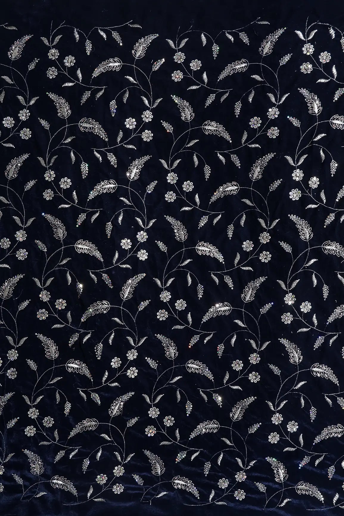 Gold Sequins With Gold Zari Floral Leafy Embroidery Work On Navy Blue Velvet Fabric