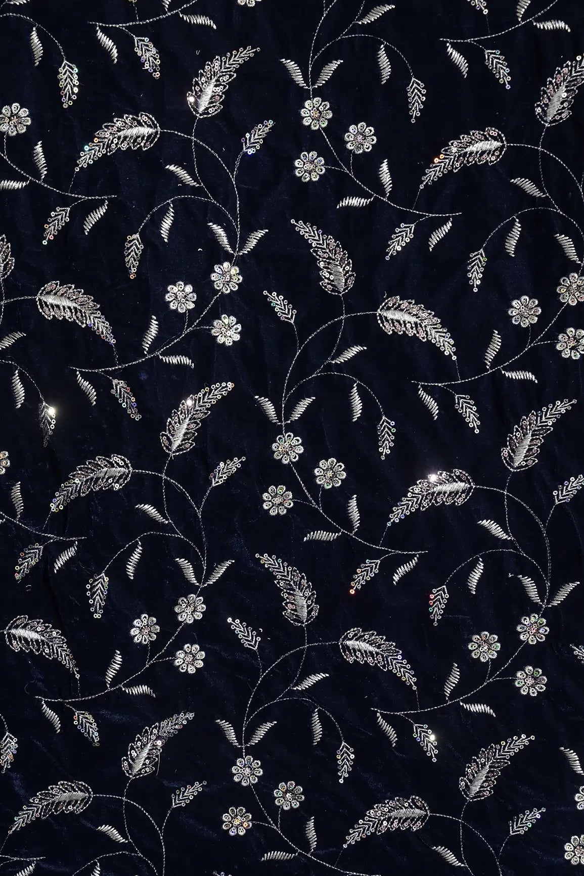 Gold Sequins With Gold Zari Floral Leafy Embroidery Work On Navy Blue Velvet Fabric