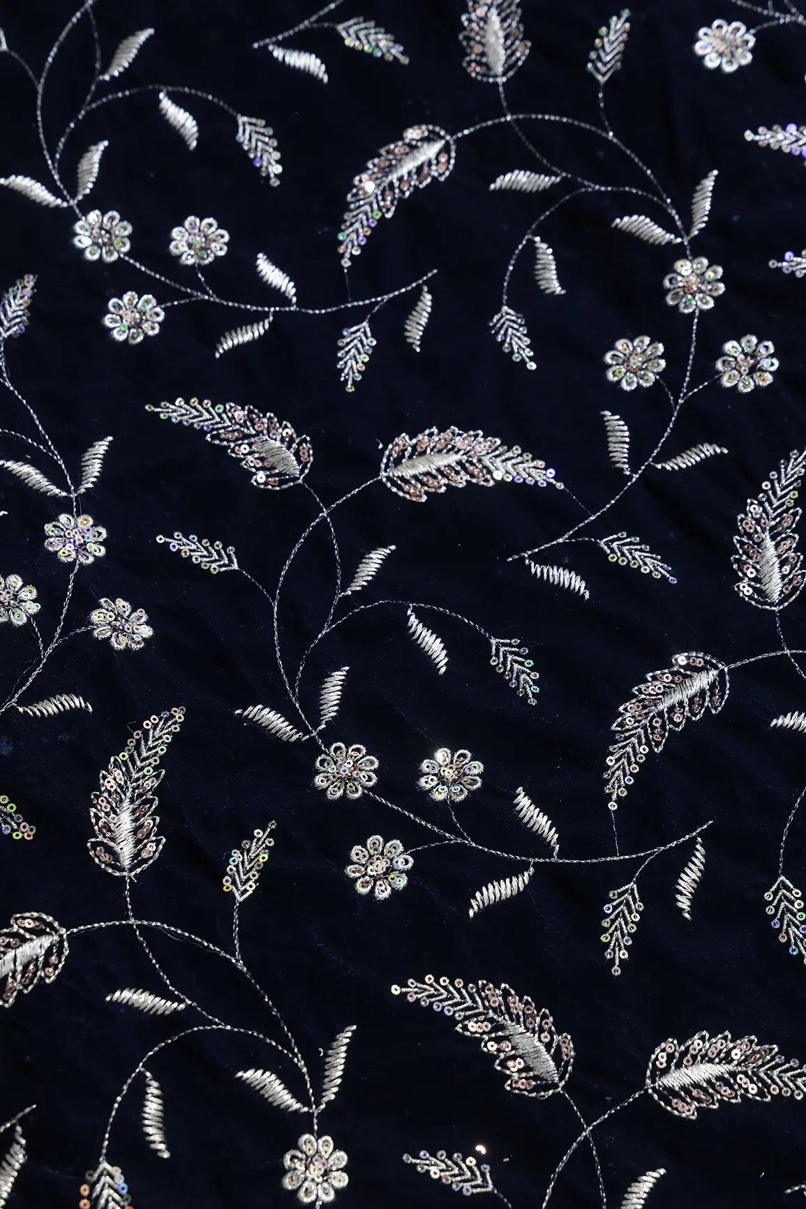 Gold Sequins With Gold Zari Floral Leafy Embroidery Work On Navy Blue Velvet Fabric