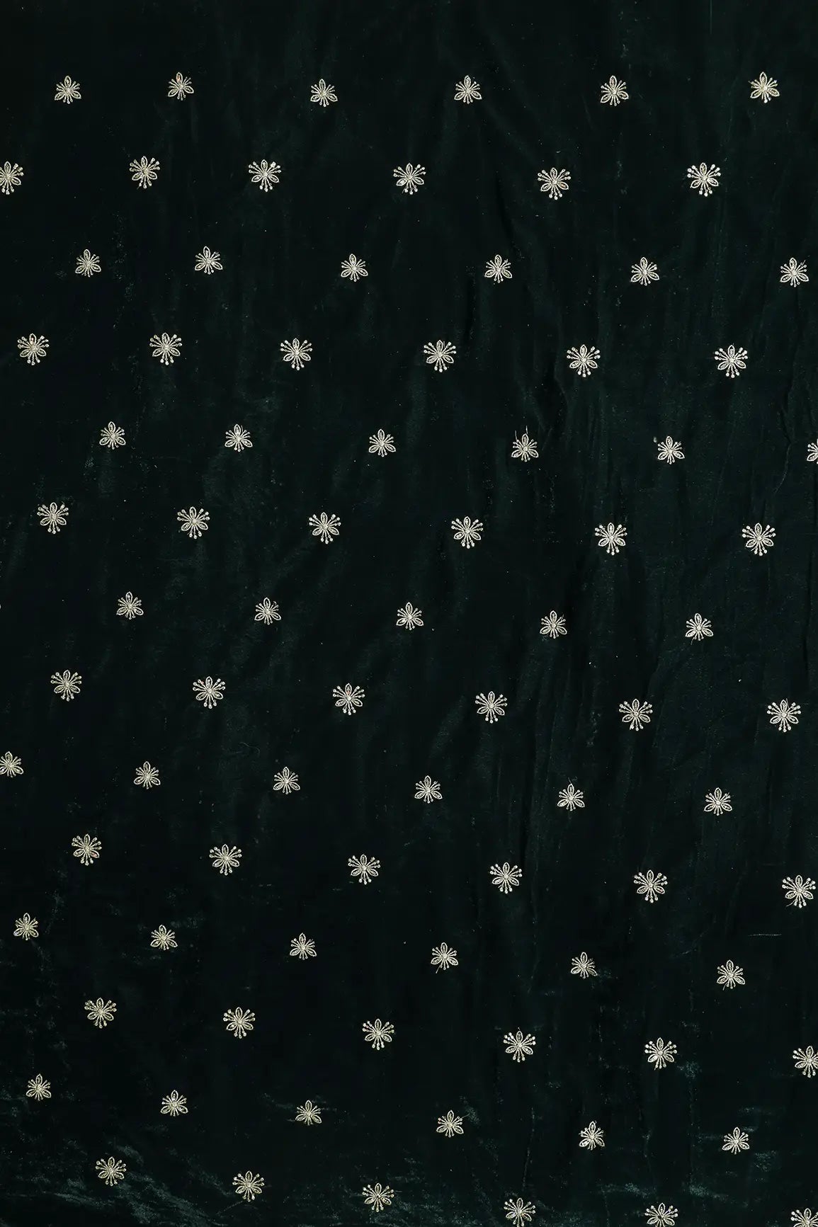 Gold Sequins With Gold Zari Small Floral Motif Embroidery Work On Bottle Green Velvet Fabric