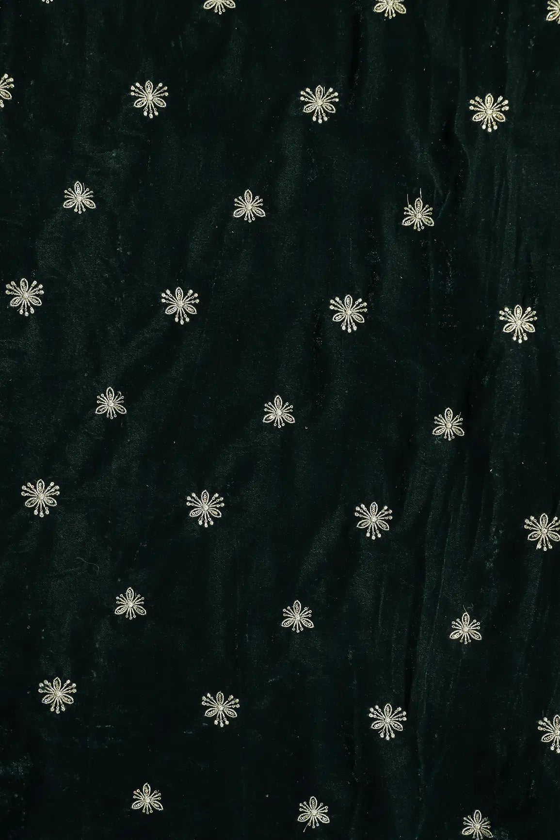Gold Sequins With Gold Zari Small Floral Motif Embroidery Work On Bottle Green Velvet Fabric