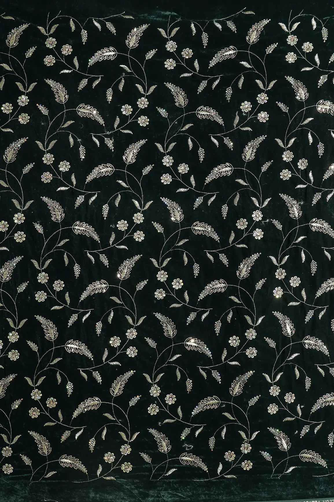 Gold Sequins With Gold Zari Floral Leafy Embroidery Work On Bottle Green Velvet Fabric