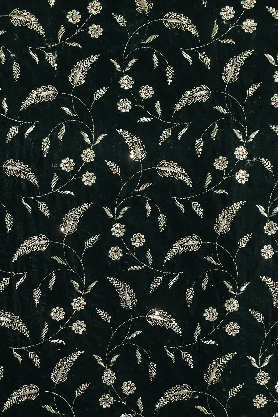 Gold Sequins With Gold Zari Floral Leafy Embroidery Work On Bottle Green Velvet Fabric