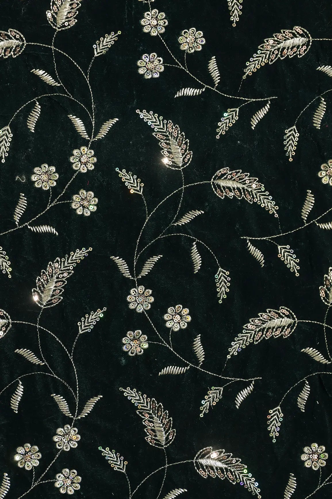 Gold Sequins With Gold Zari Floral Leafy Embroidery Work On Bottle Green Velvet Fabric