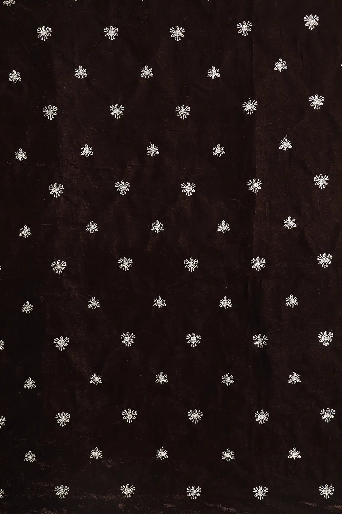 Gold Sequins With Gold Zari Small Floral Motif Embroidery Work On Coffee Velvet Fabric