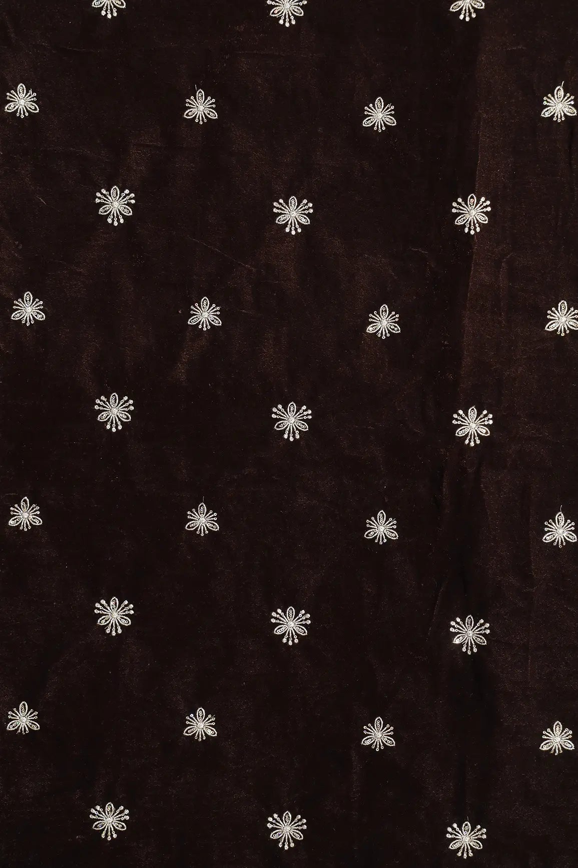 Gold Sequins With Gold Zari Small Floral Motif Embroidery Work On Coffee Velvet Fabric