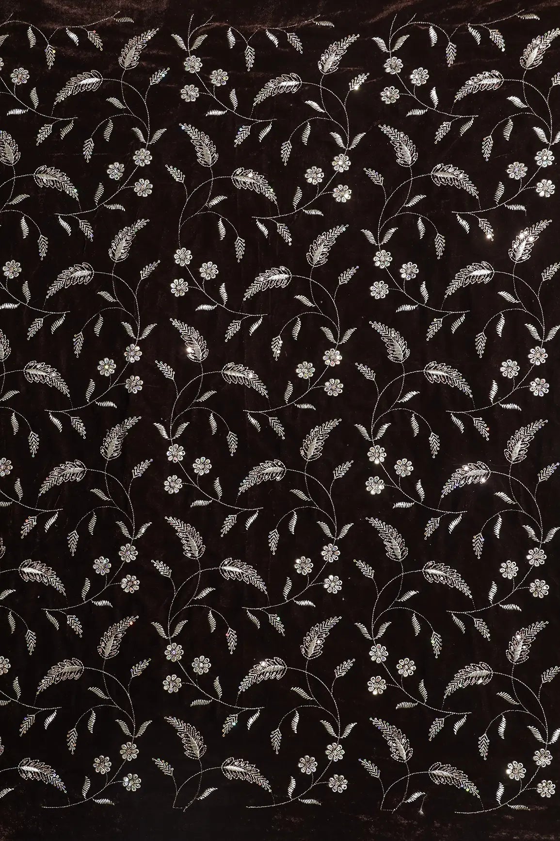 Gold Sequins With Gold Zari Floral Leafy Embroidery Work On Coffee Velvet Fabric