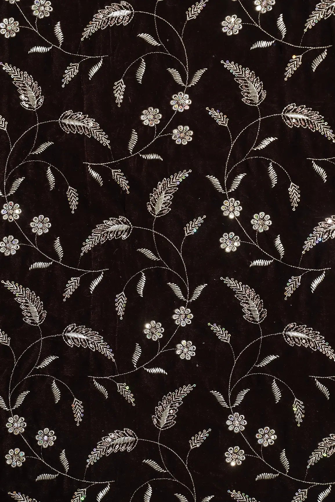 Gold Sequins With Gold Zari Floral Leafy Embroidery Work On Coffee Velvet Fabric