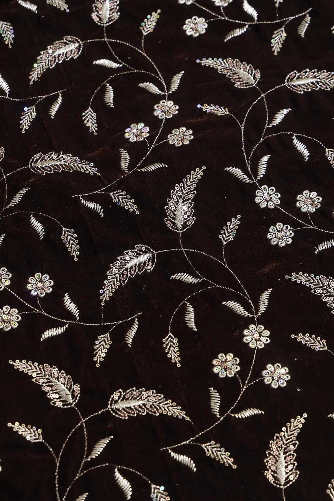 Gold Sequins With Gold Zari Floral Leafy Embroidery Work On Coffee Velvet Fabric