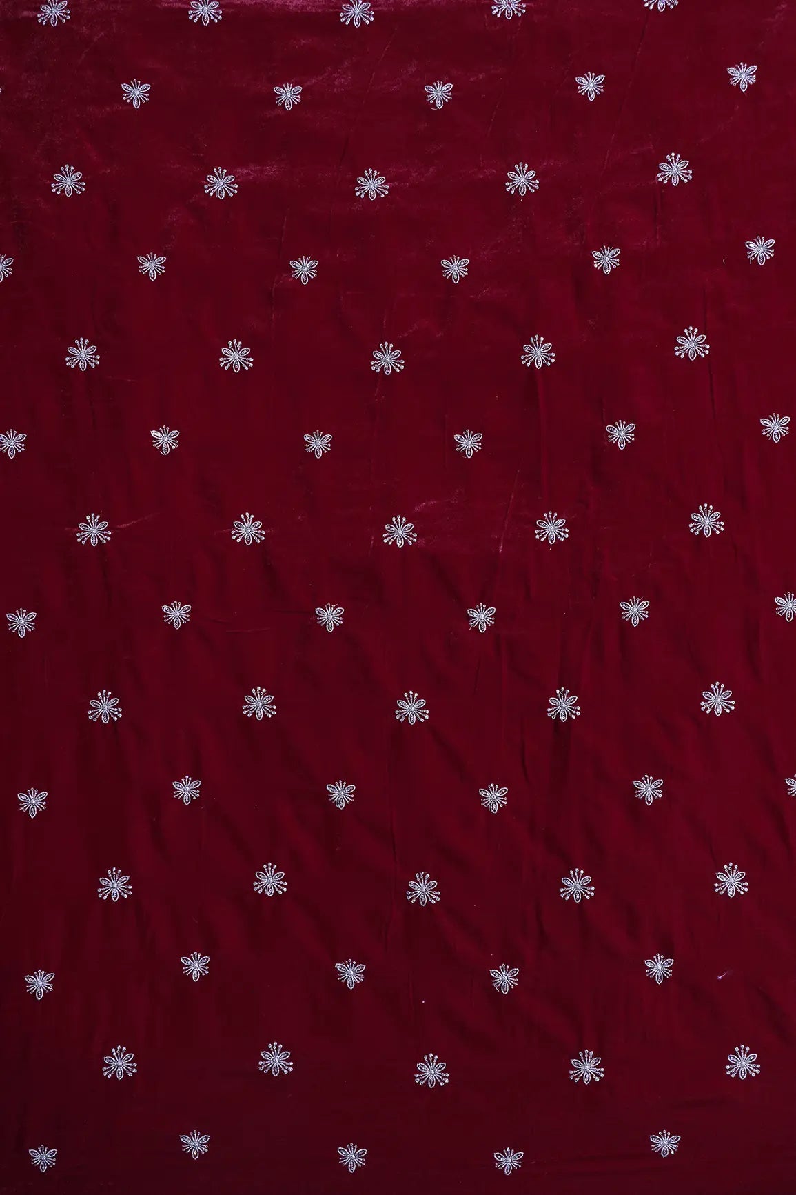 Gold Sequins With Gold Zari Small Floral Motif Embroidery Work On Red Velvet Fabric
