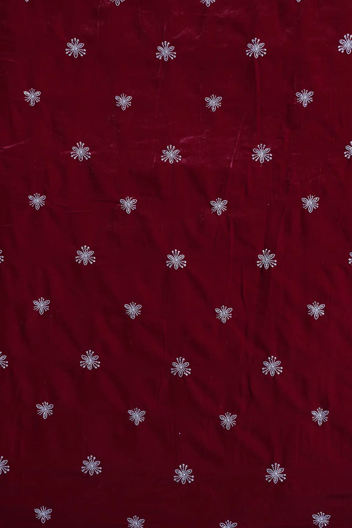Gold Sequins With Gold Zari Small Floral Motif Embroidery Work On Red Velvet Fabric