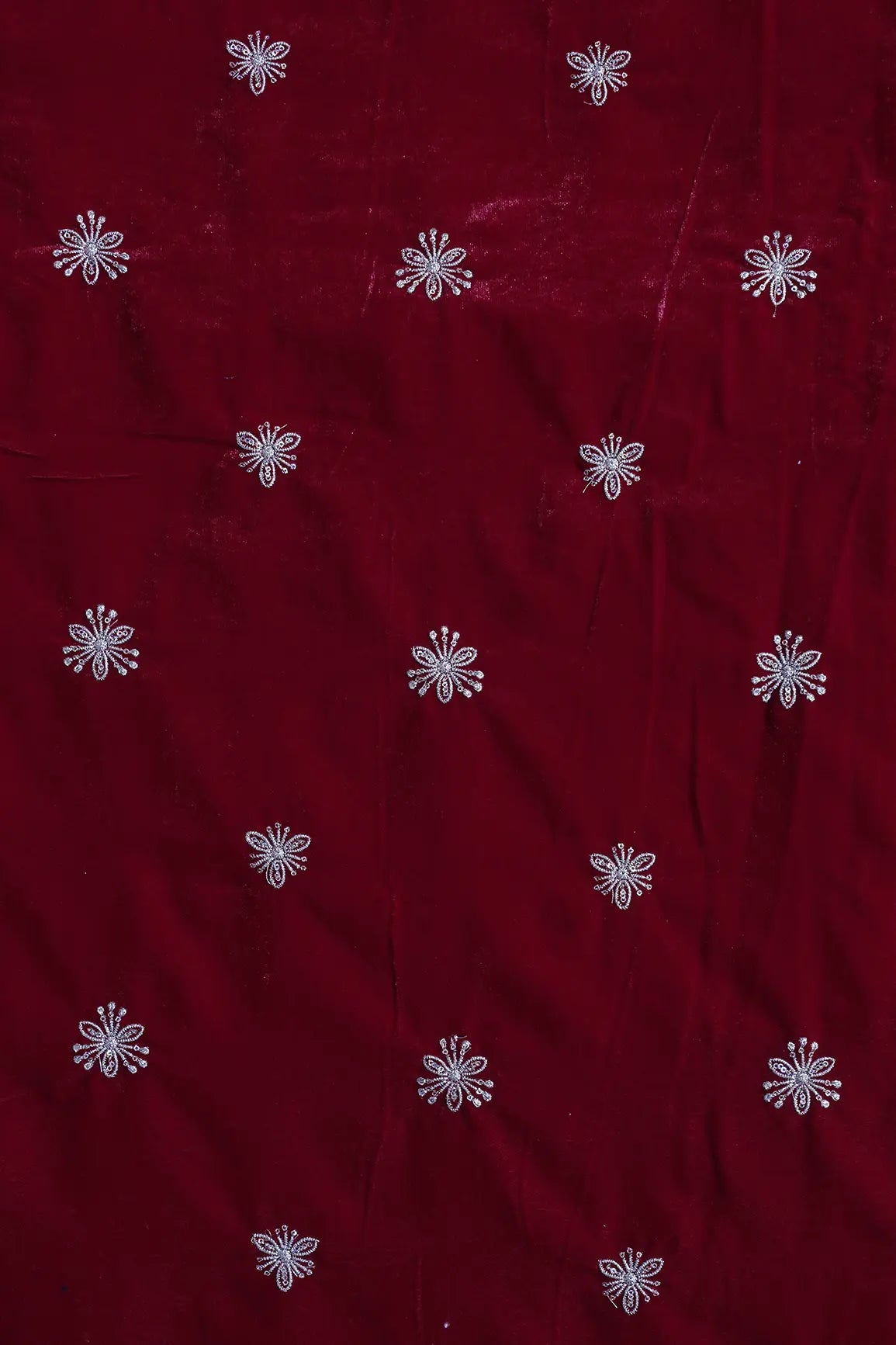Gold Sequins With Gold Zari Small Floral Motif Embroidery Work On Red Velvet Fabric
