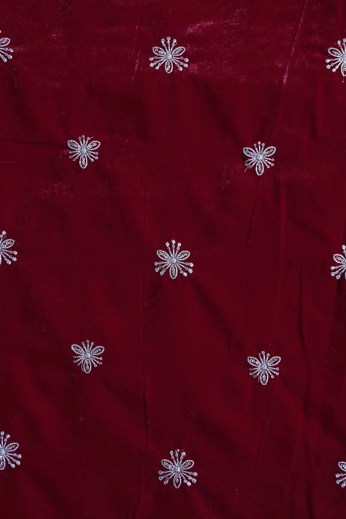 Gold Sequins With Gold Zari Small Floral Motif Embroidery Work On Red Velvet Fabric