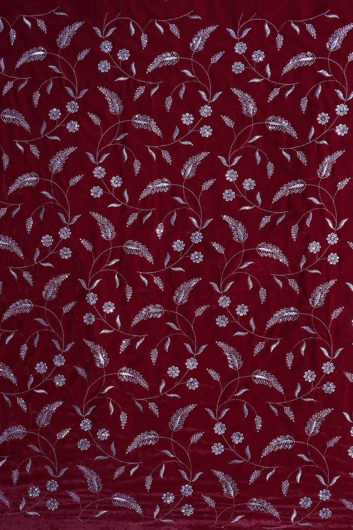 Gold Sequins With Gold Zari Floral Leafy Embroidery Work On Red Velvet Fabric
