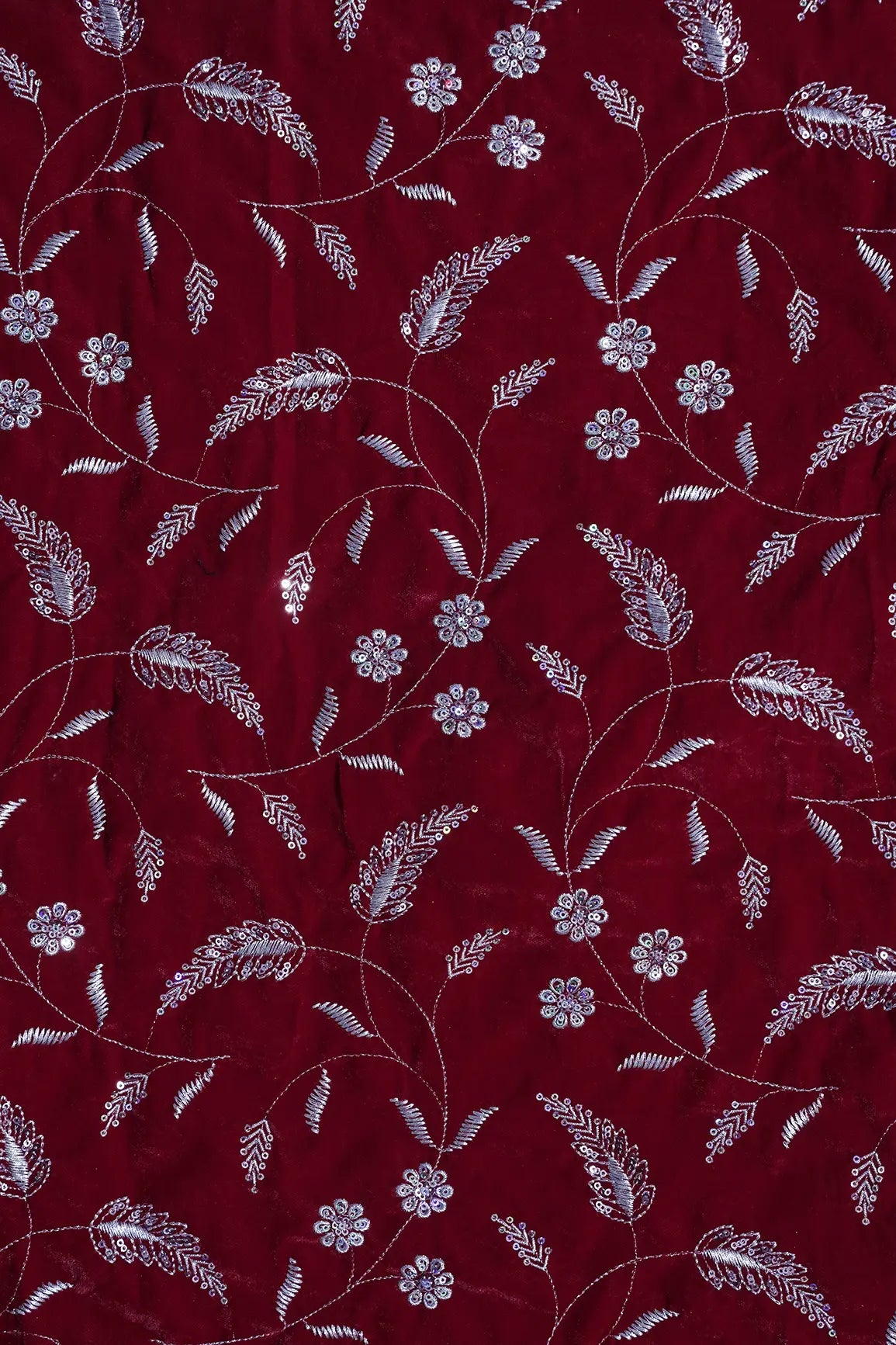 Gold Sequins With Gold Zari Floral Leafy Embroidery Work On Red Velvet Fabric
