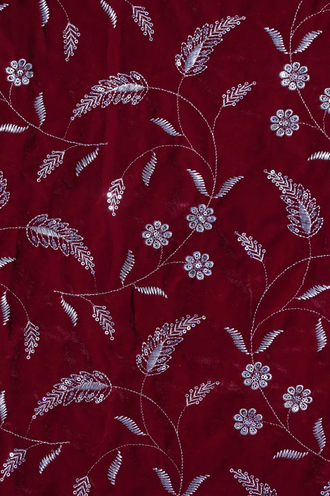 Gold Sequins With Gold Zari Floral Leafy Embroidery Work On Red Velvet Fabric
