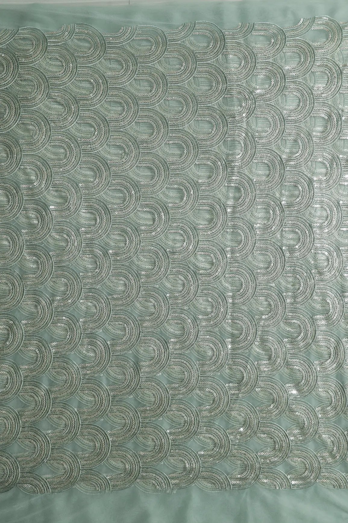 Teal Thread With Silver Sequins Abstract Embroidery Work On Teal Soft Net Fabric