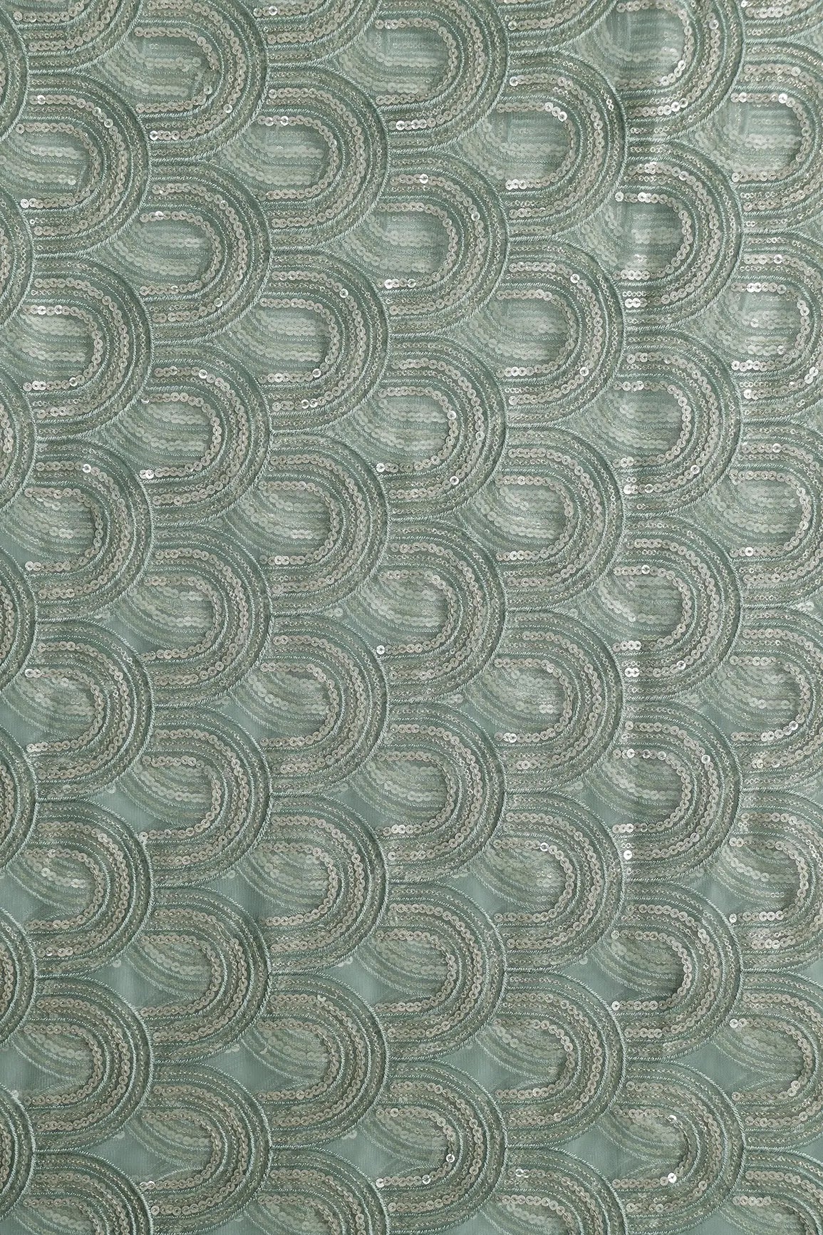 Teal Thread With Silver Sequins Abstract Embroidery Work On Teal Soft Net Fabric