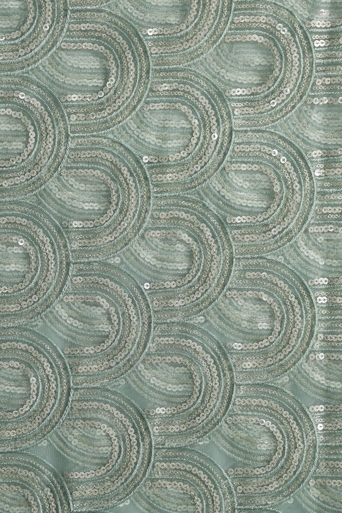 Teal Thread With Silver Sequins Abstract Embroidery Work On Teal Soft Net Fabric