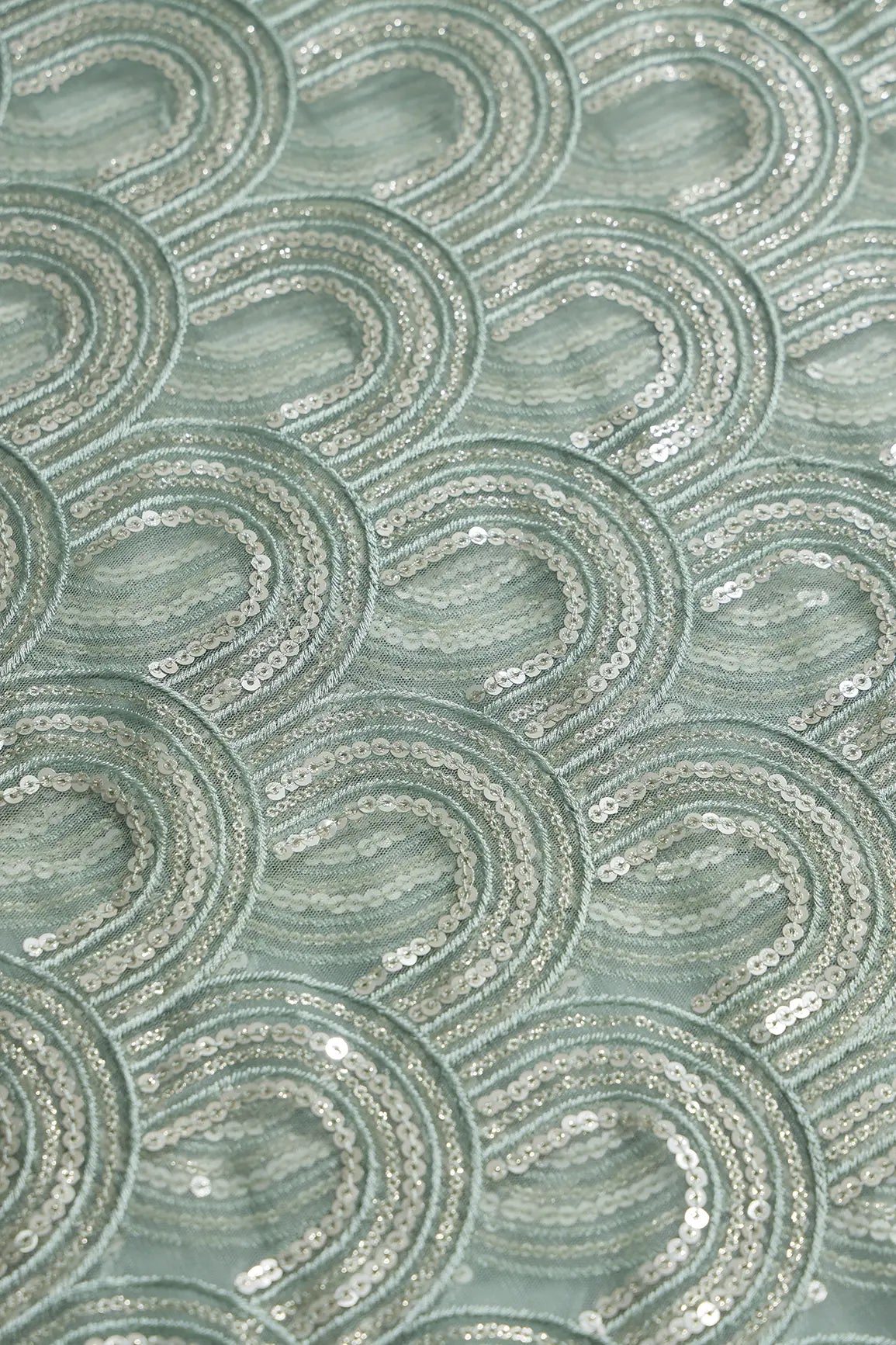 Teal Thread With Silver Sequins Abstract Embroidery Work On Teal Soft Net Fabric