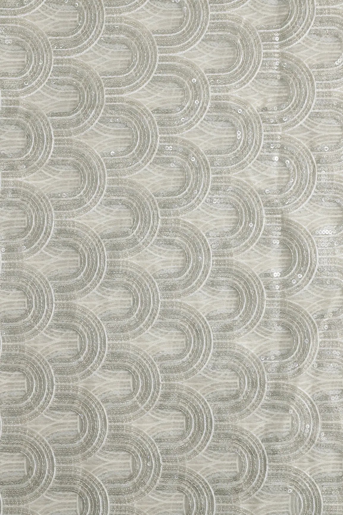 Off White Thread With Silver Sequins Abstract Embroidery Work On Off White Soft Net Fabric