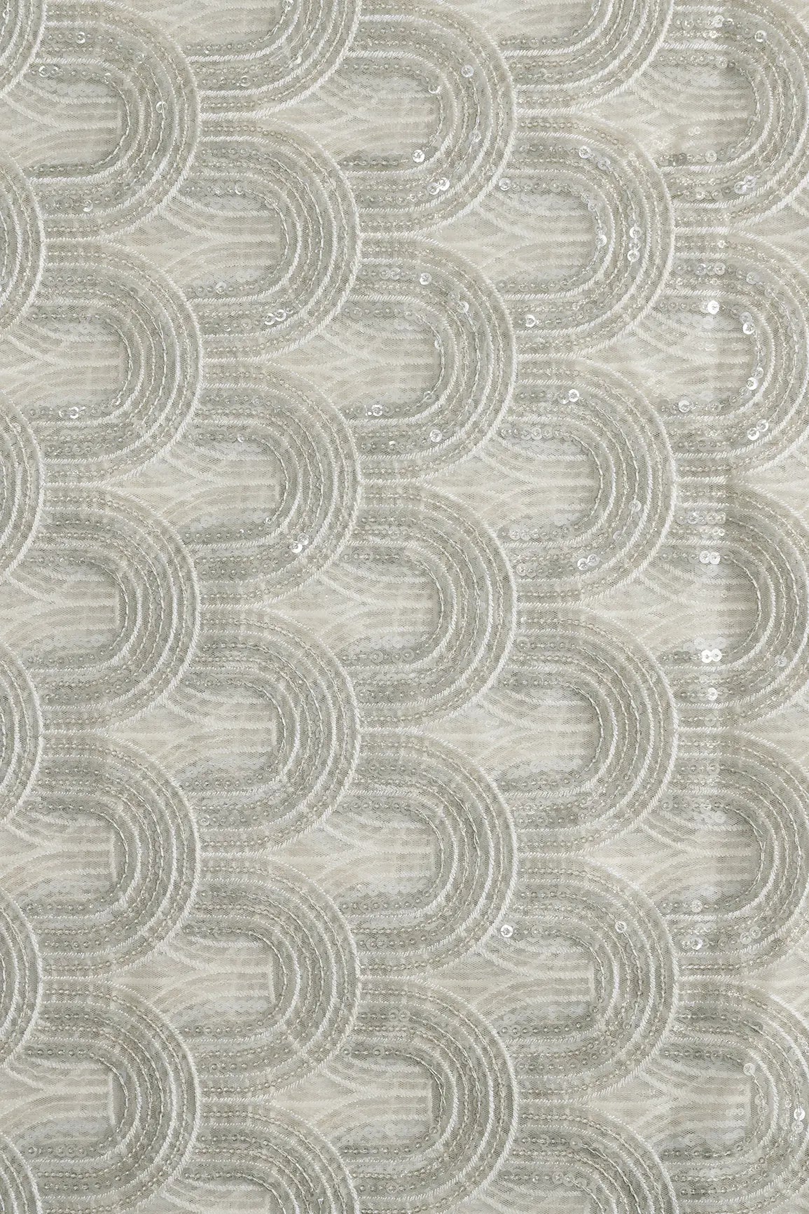 Off White Thread With Silver Sequins Abstract Embroidery Work On Off White Soft Net Fabric
