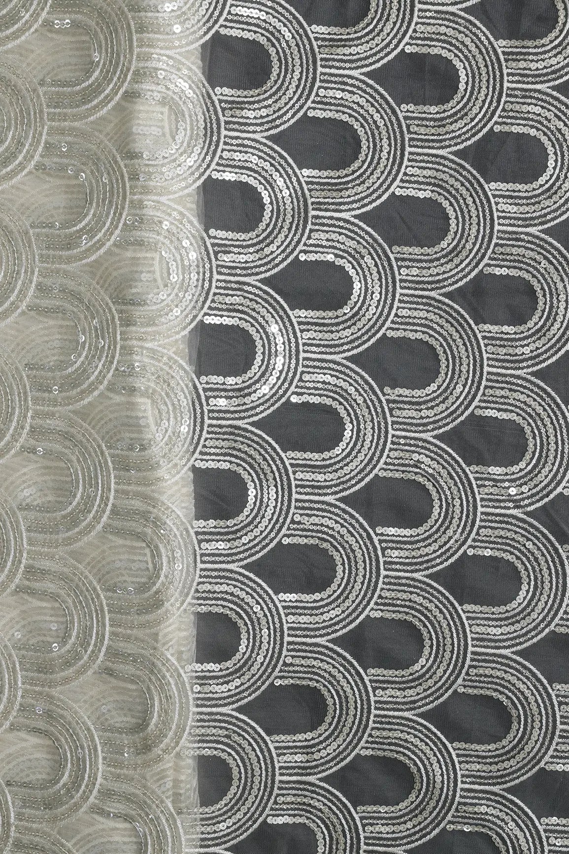 Off White Thread With Silver Sequins Abstract Embroidery Work On Off White Soft Net Fabric