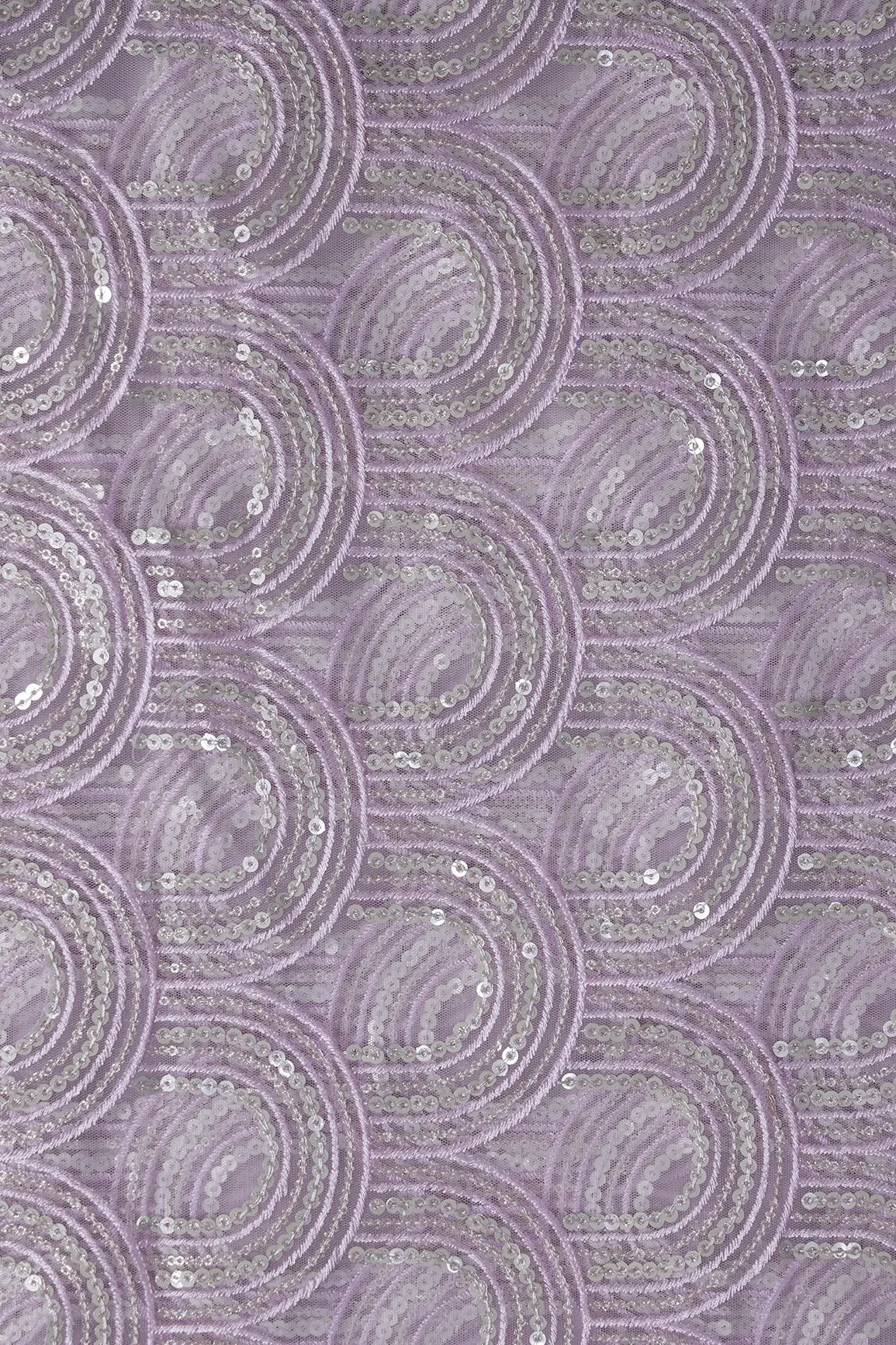 Lavender Thread With Silver Sequins Abstract Embroidery Work On Lavender Soft Net Fabric