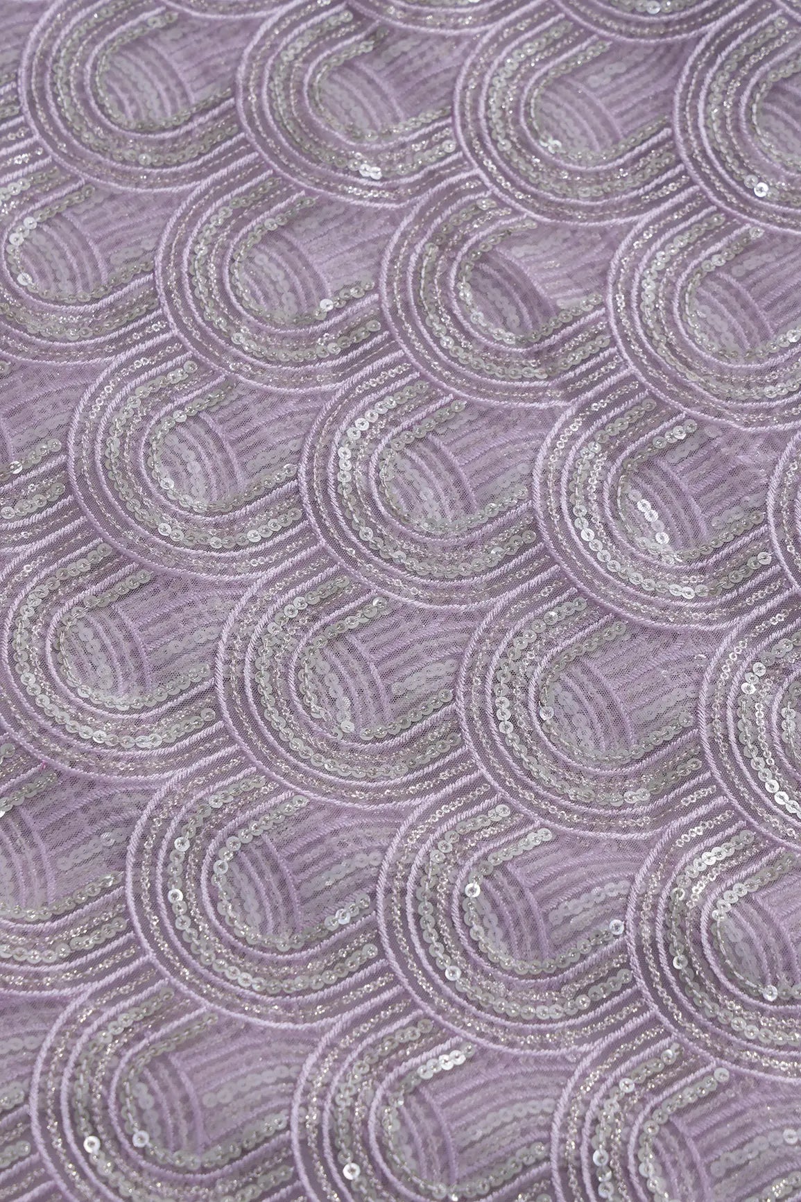 Lavender Thread With Silver Sequins Abstract Embroidery Work On Lavender Soft Net Fabric