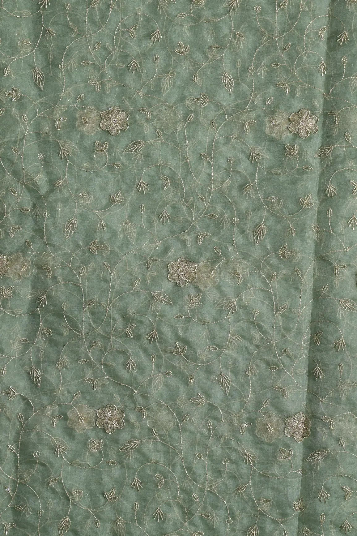 Gold Zari With Beads Leafy Embroidery Work On Olive Organza Fabric