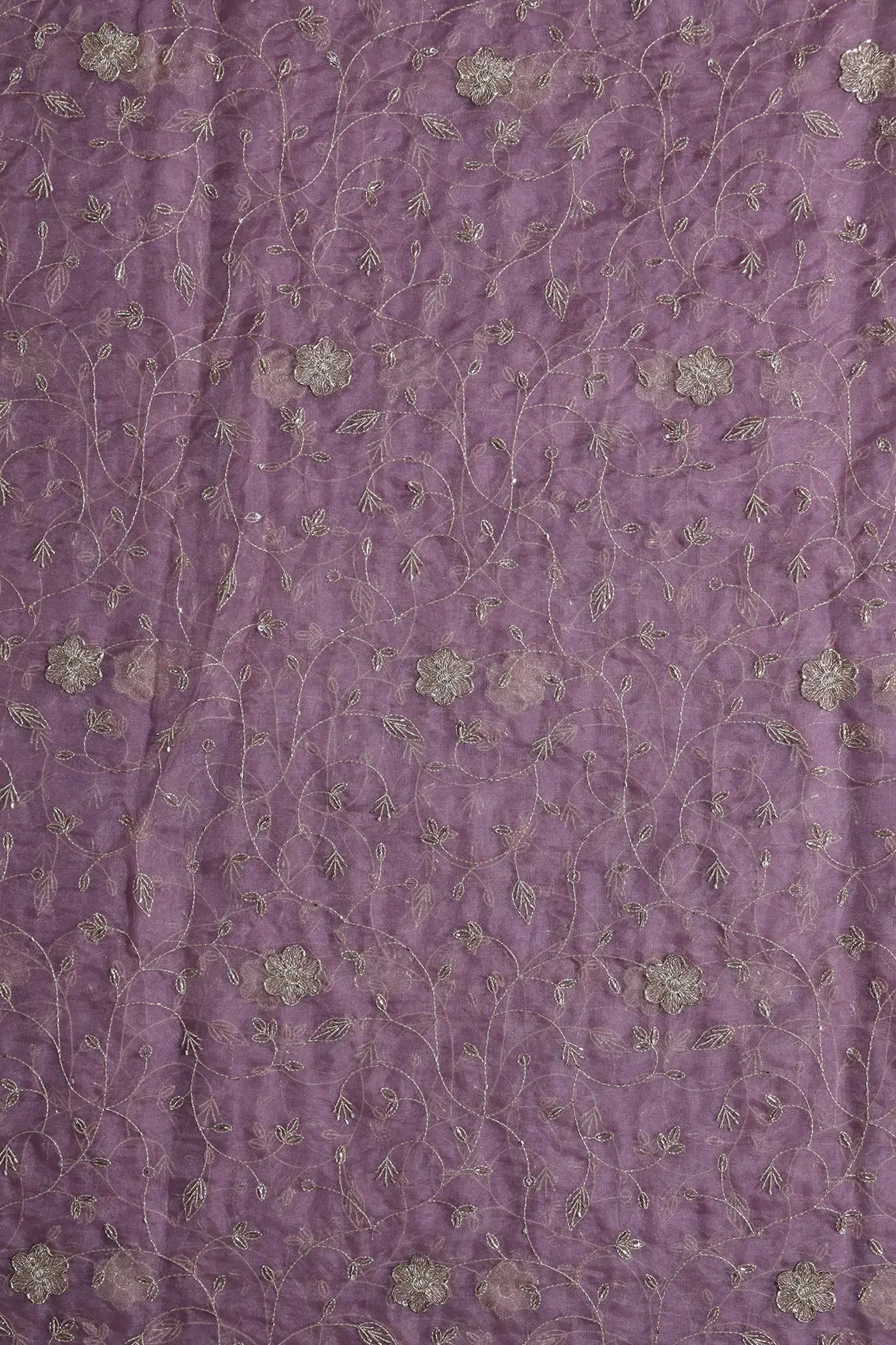 Gold Zari With Beads Leafy Embroidery Work On Lavender Organza Fabric