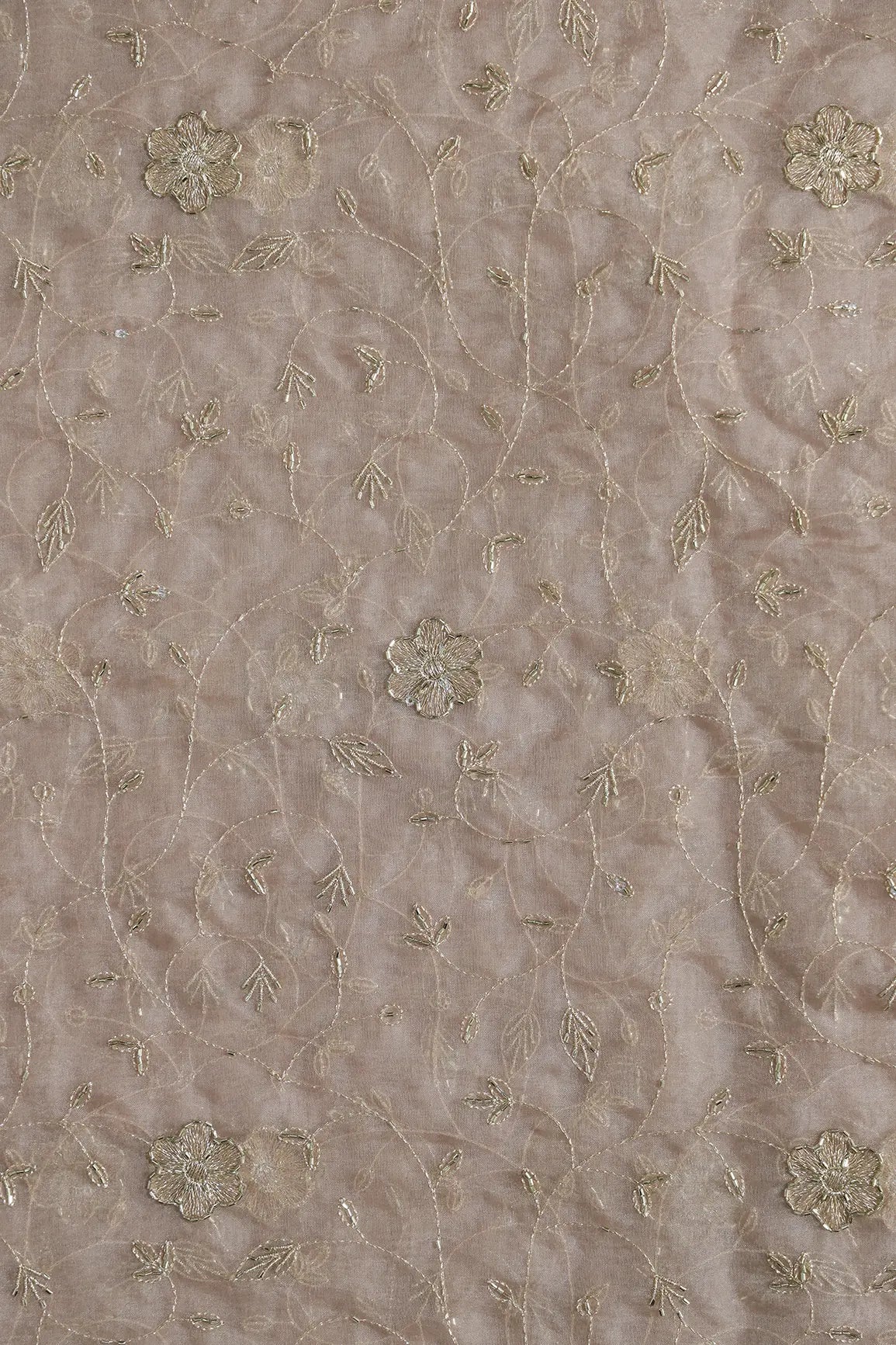 Gold Zari With Beads Leafy Embroidery Work On brown Organza Fabric
