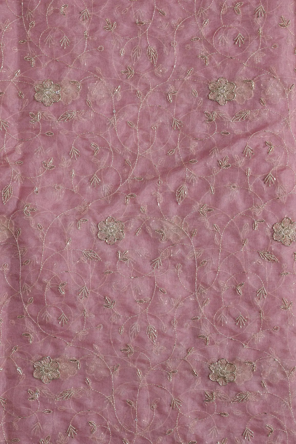 Gold Zari With Beads Leafy Embroidery Work On Gajri Organza Fabric