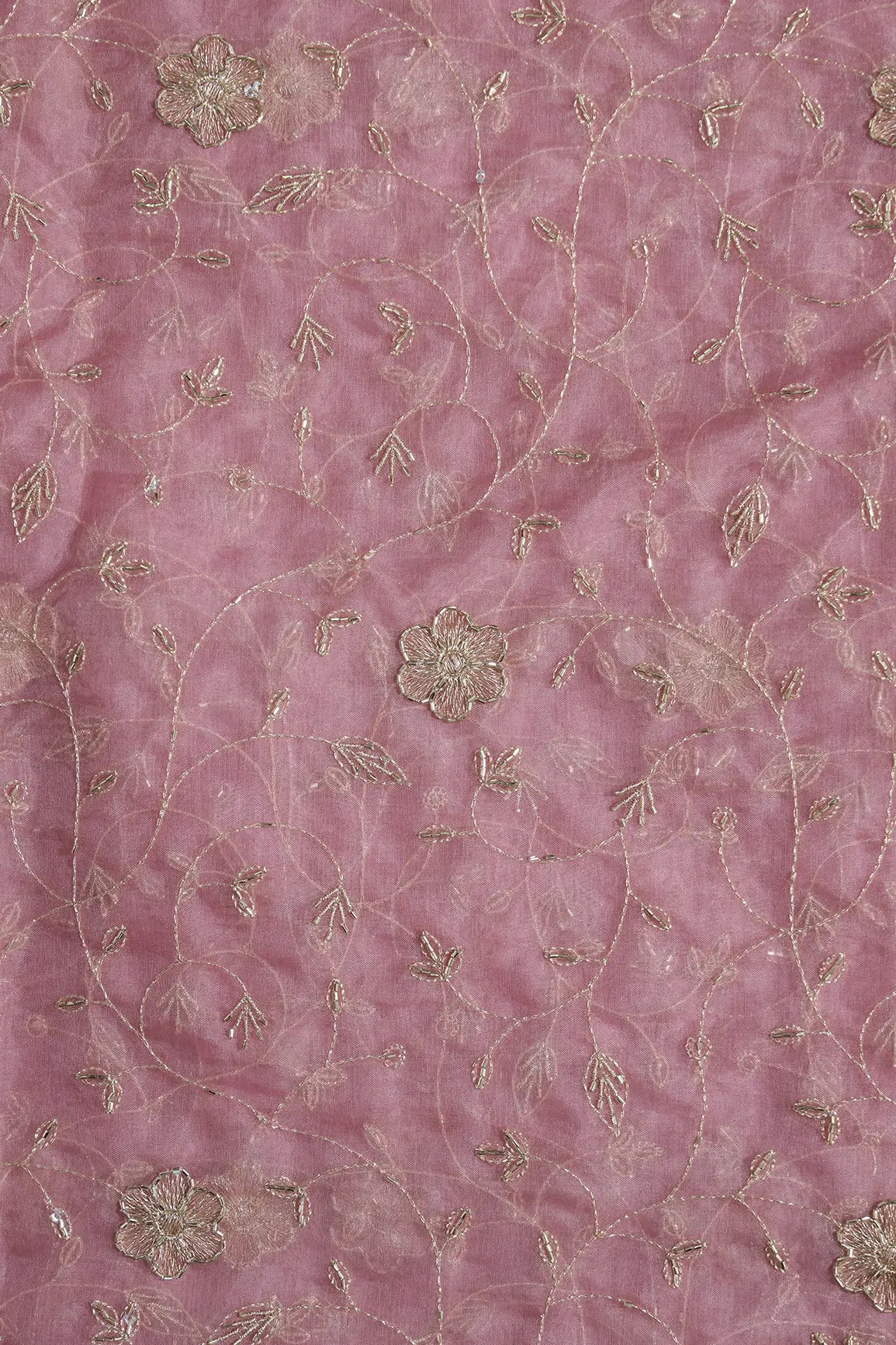 Gold Zari With Beads Leafy Embroidery Work On Gajri Organza Fabric