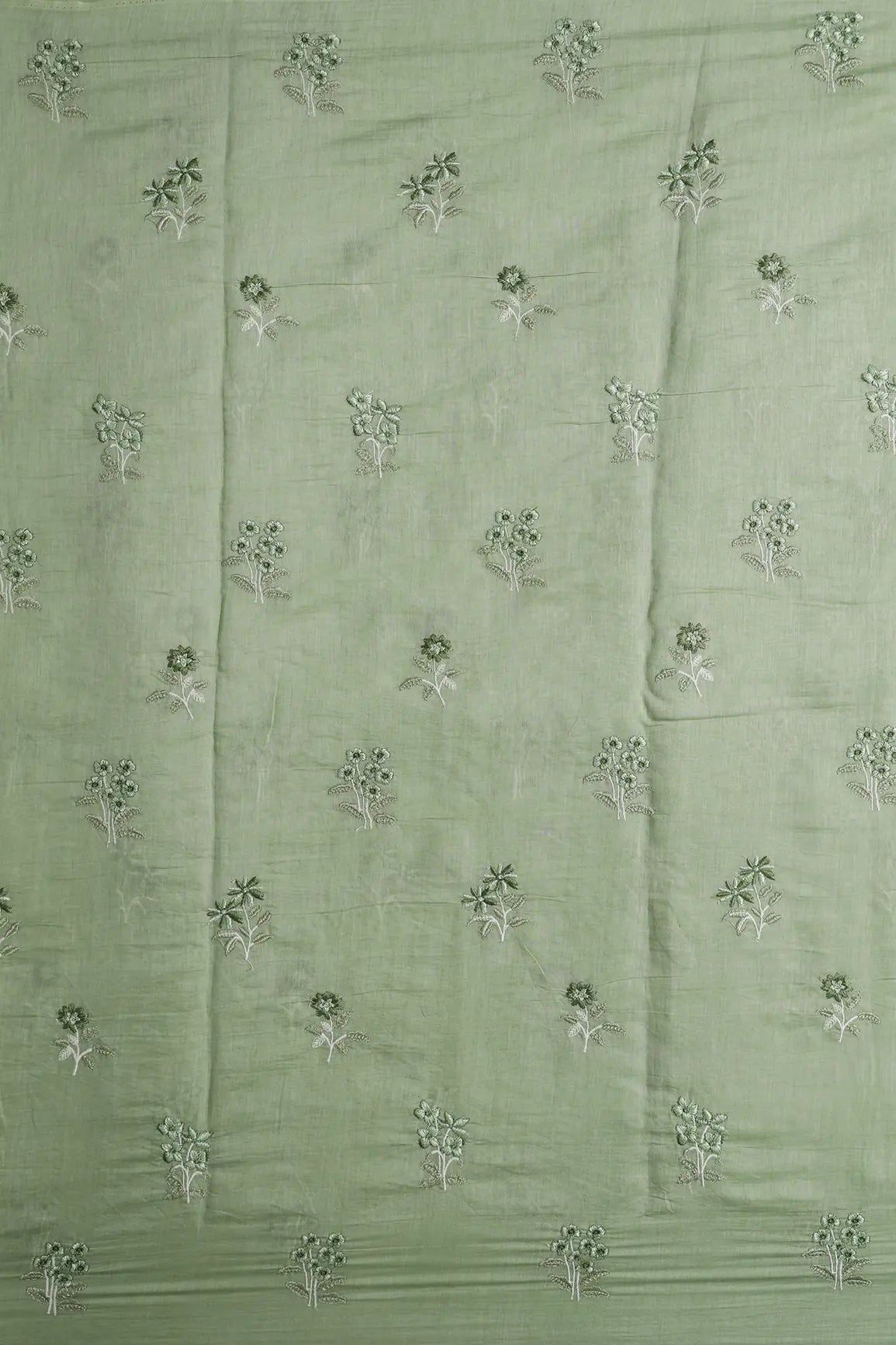 Green And Olive Thread Beautiful Floral Embroidery On Olive Pure Mul Chanderi Silk Fabric