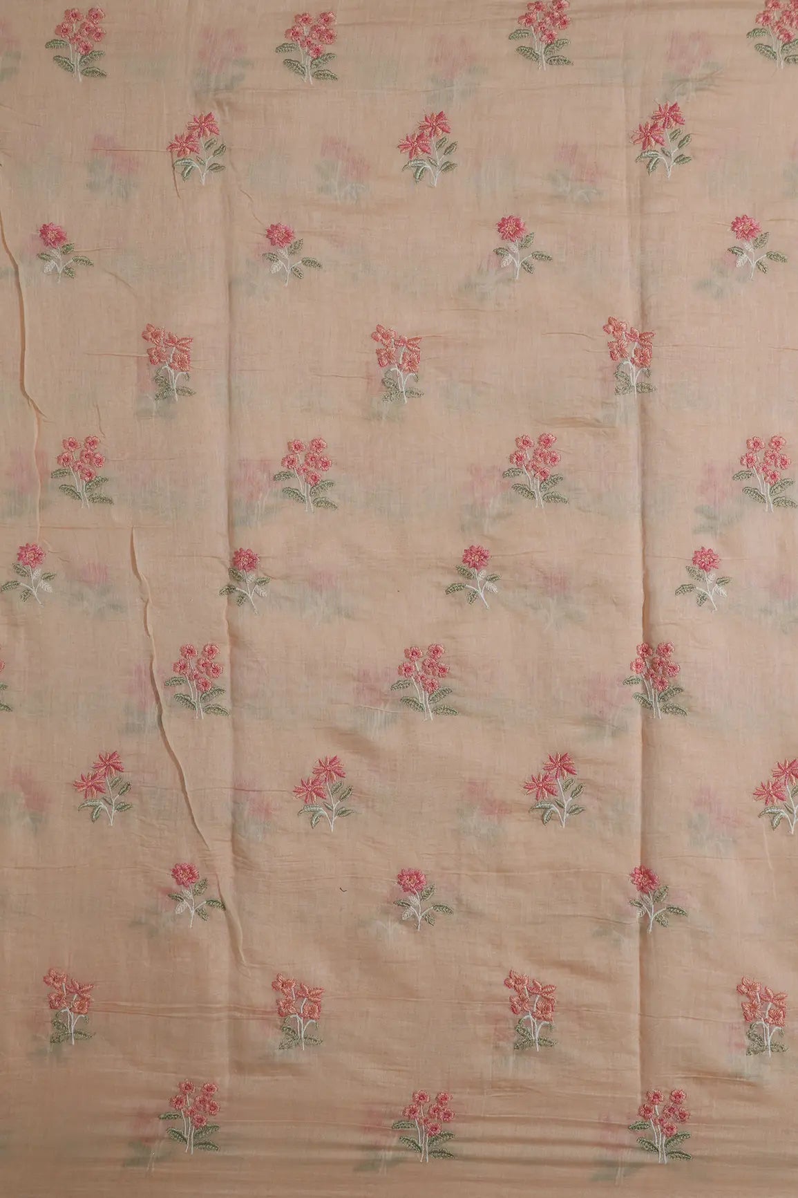 Pink And Olive Thread Beautiful Floral Embroidery On Pastel Peach Pure Mul Chanderi Silk Fabric