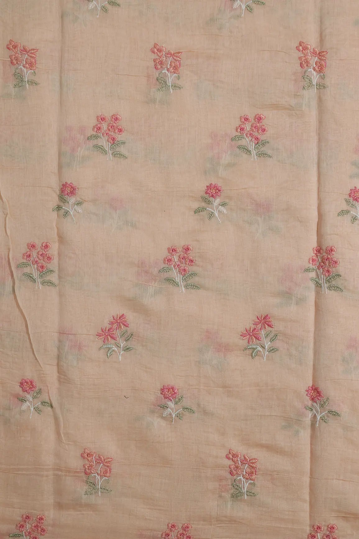 Pink And Olive Thread Beautiful Floral Embroidery On Pastel Peach Pure Mul Chanderi Silk Fabric