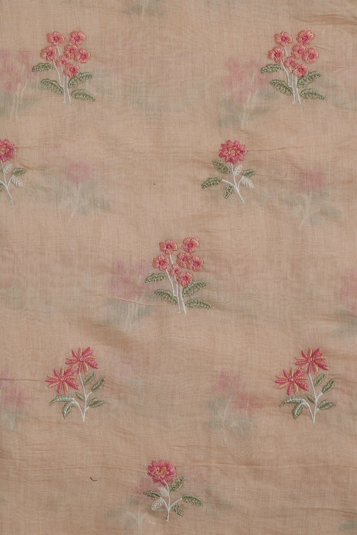 Pink And Olive Thread Beautiful Floral Embroidery On Pastel Peach Pure Mul Chanderi Silk Fabric