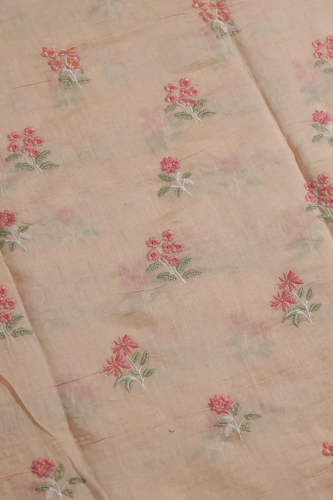 Pink And Olive Thread Beautiful Floral Embroidery On Pastel Peach Pure Mul Chanderi Silk Fabric
