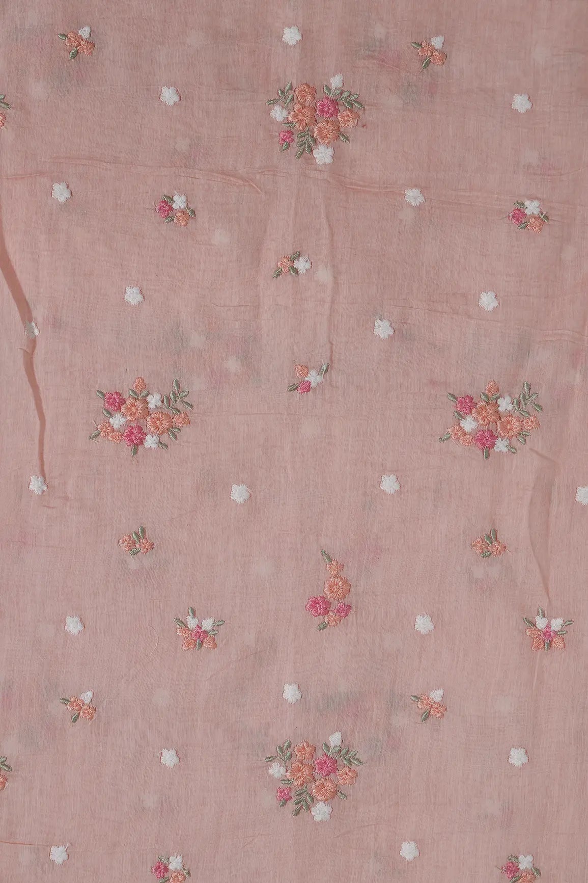 Beautiful Multi Thread Floral Embroidery Work On Peach Pure Mul Chanderi Silk Fabric