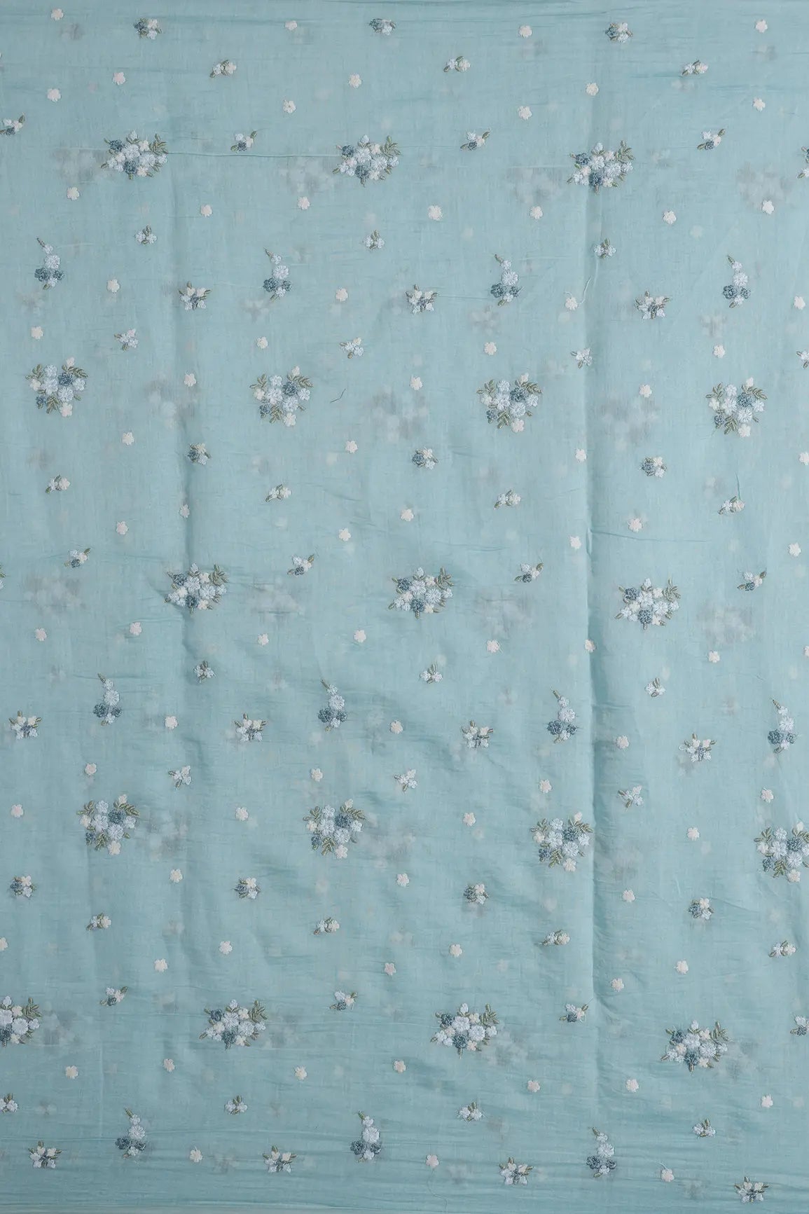 Beautiful Multi Thread Floral Embroidery Work On Powder Blue Pure Mul Chanderi Silk Fabric