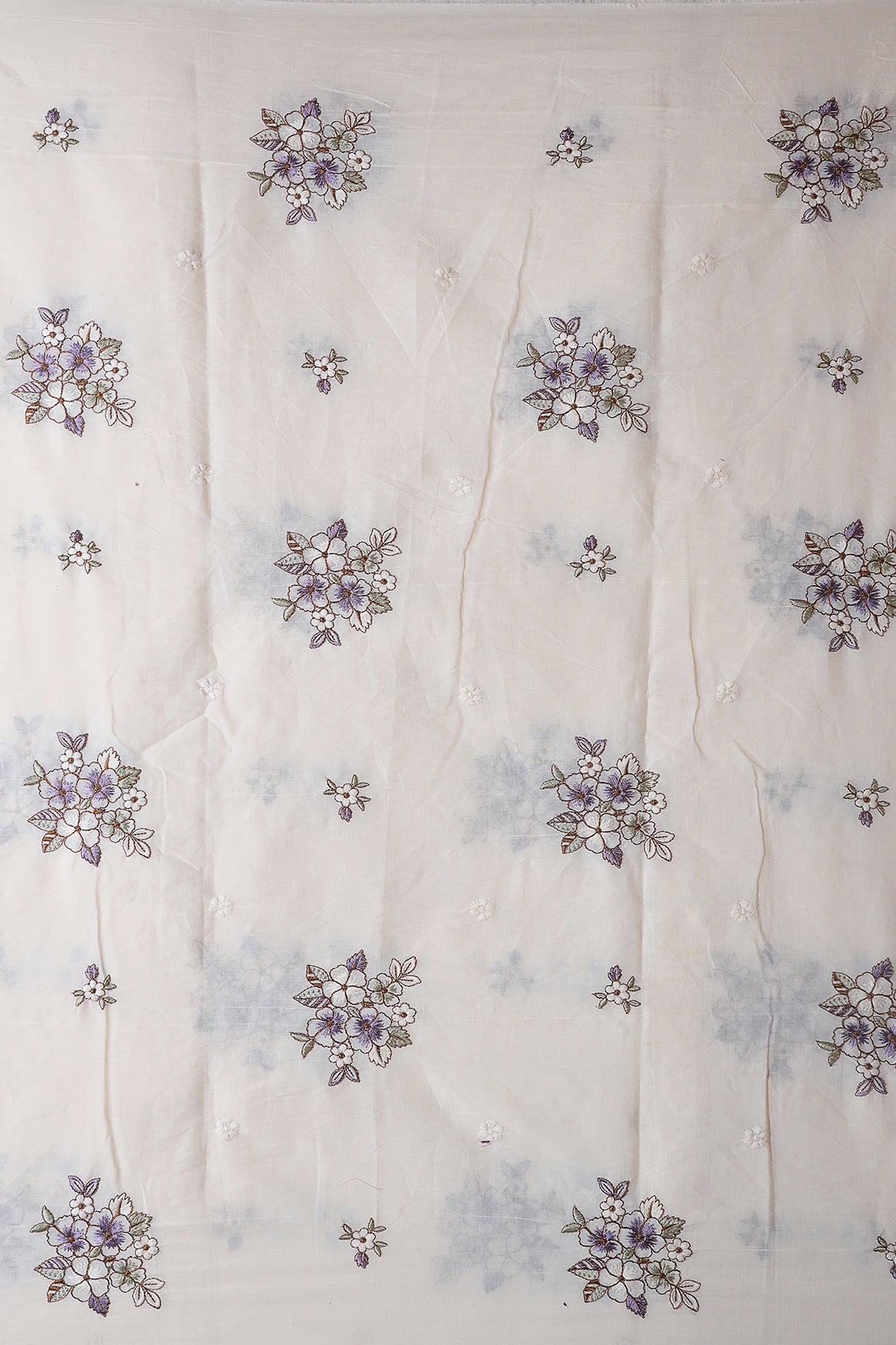Lavender And Olive Thread Floral Embroidery On Off White Organic Cotton Fabric